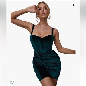 Sexy Ruched Velvet Bodycon Shirt Mini Cocktail Evening Dark Green Dress